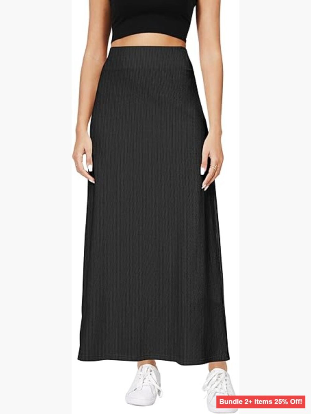Elastic Waist A-Line Maxi Skirt Below Knee Stretchy Knit Casual